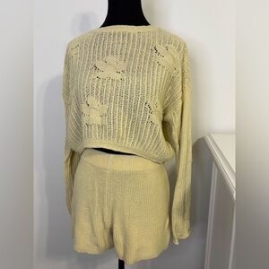 Sincerely Jules LoungeSet S/M Yellow Open Knit Flower Sweater/Shorts Cottagecore